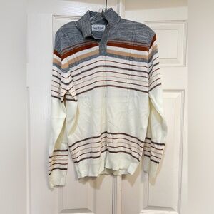 Royal Knight‎ VTG 70s Collared Sweater Men LRG Cable Knit MOD Stripe Ivory